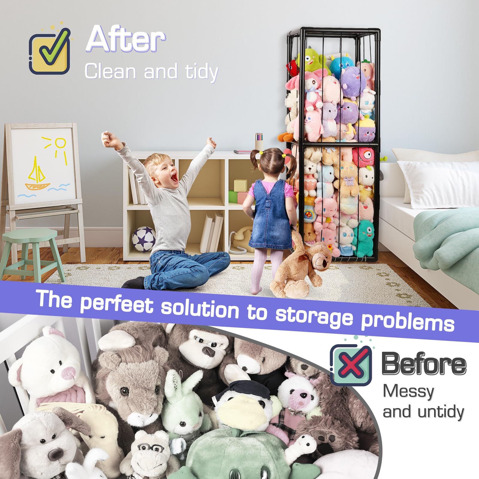 Trycooling Stuffed Animal Storage Zoo Stuffed Animal Holder Space Save Vertical Stuffed Animals Storage PVC with Elastic Band and Net for Playroom Bedroom Nursery (Black 1)