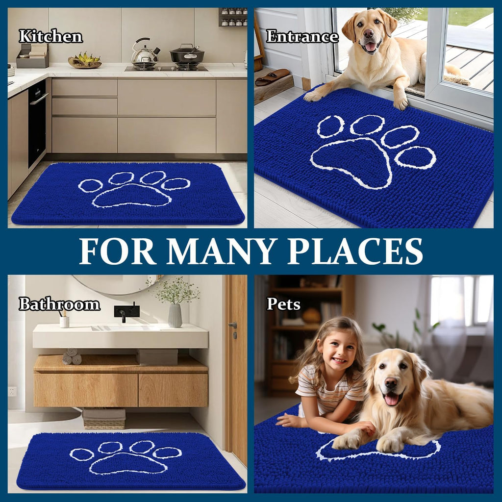 OLANLY Dog Door Mat - Absorbent Muddy Paws Doormat | Non-Slip Chenille 30x20 Royal Blue
