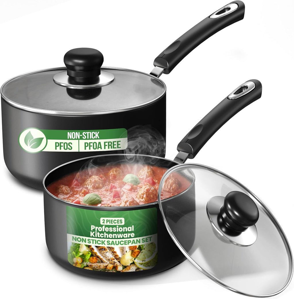 Utopia Kitchen Nonstick Saucepan Set - 1 Quart & 2 Quart Cooking Pots with Lids | Grey & Black