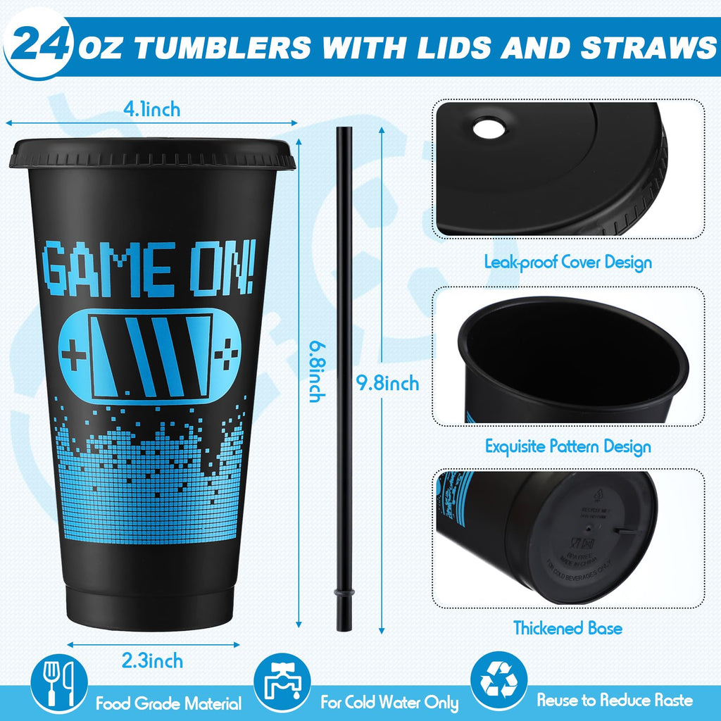 Mifoci 24 Pcs Video Game Party Favors, 12 Video Game Plastic Cups with Lids and Straws and 12 Drawstring Backpack, 24oz Reusable Tumble Bag for Gaming Party(Blue, Black)