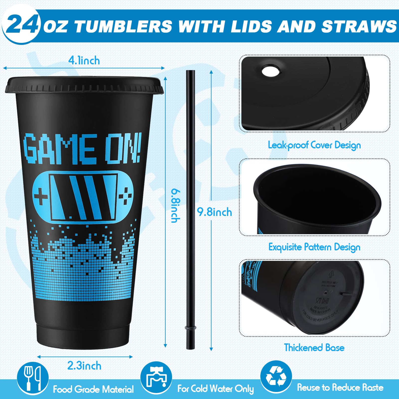 Mifoci 24 Pcs Video Game Party Favors, 12 Video Game Plastic Cups with Lids and Straws and 12 Drawstring Backpack, 24oz Reusable Tumble Bag for Gaming Party(Blue, Black)