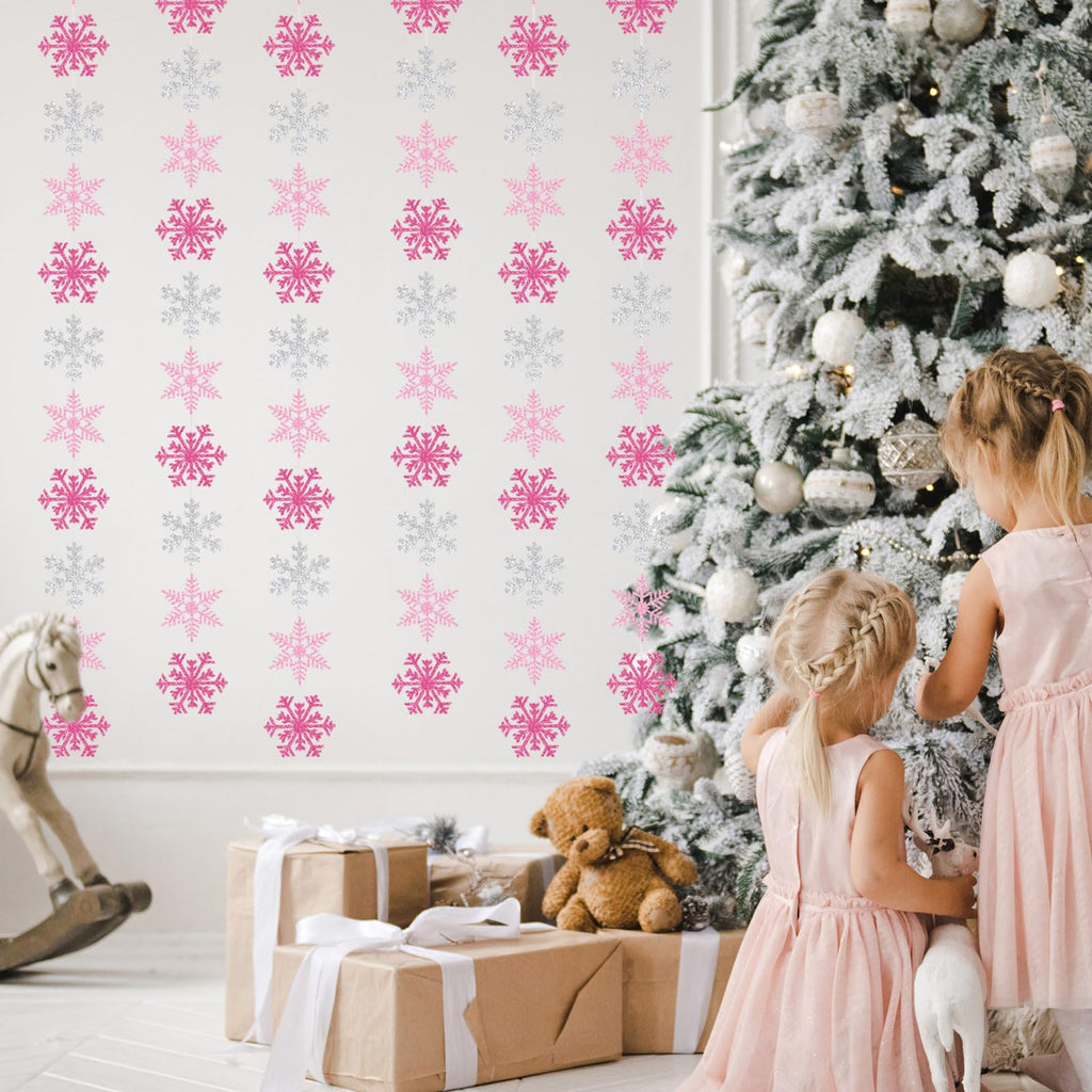 54Pcs Snowflake Garland Decorations Pink Silver Glitter Snowflake Banner for Christmas Winter Wonderland Party Decoration