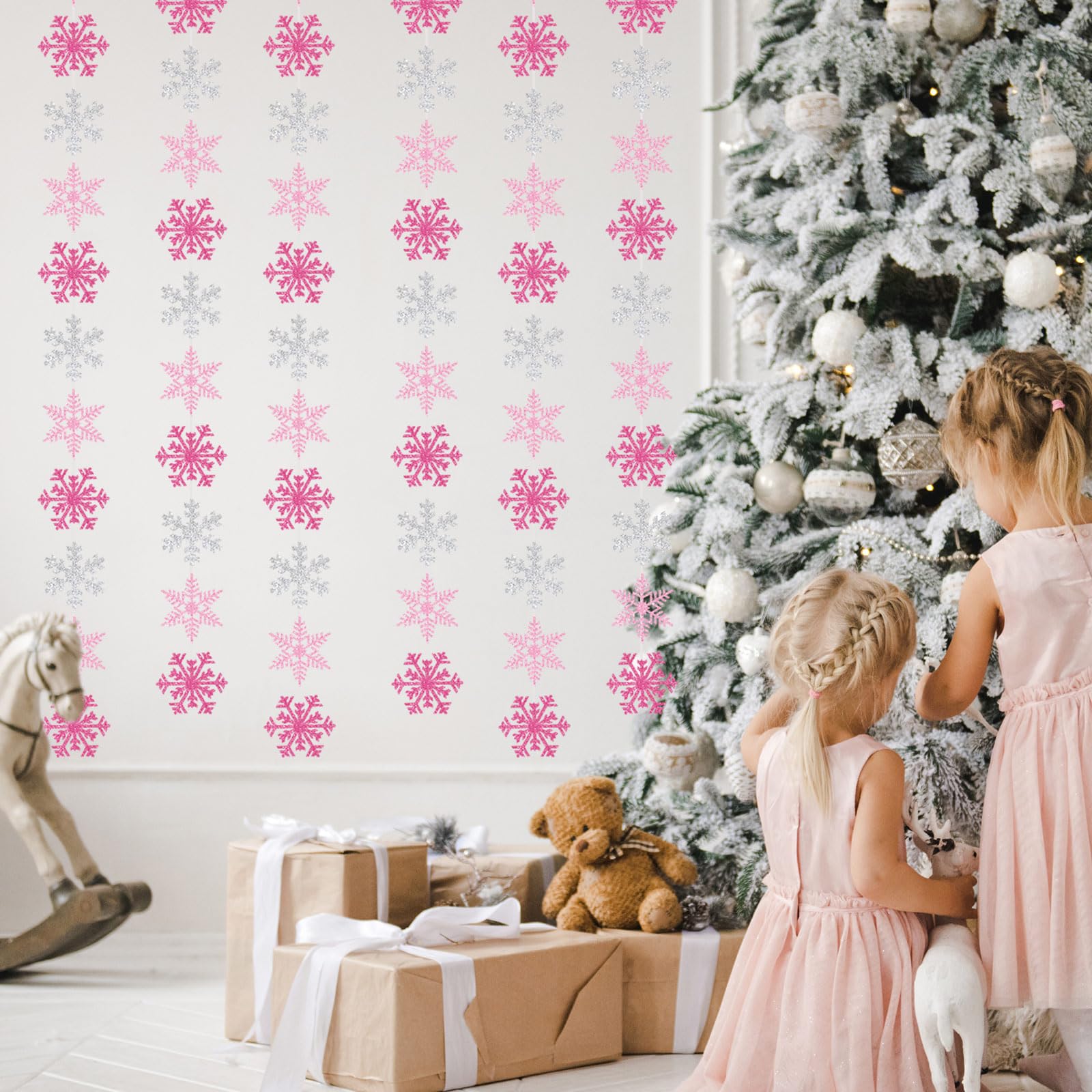 54Pcs Snowflake Garland Decorations Pink Silver Glitter Snowflake Banner for Christmas Winter Wonderland Party Decoration
