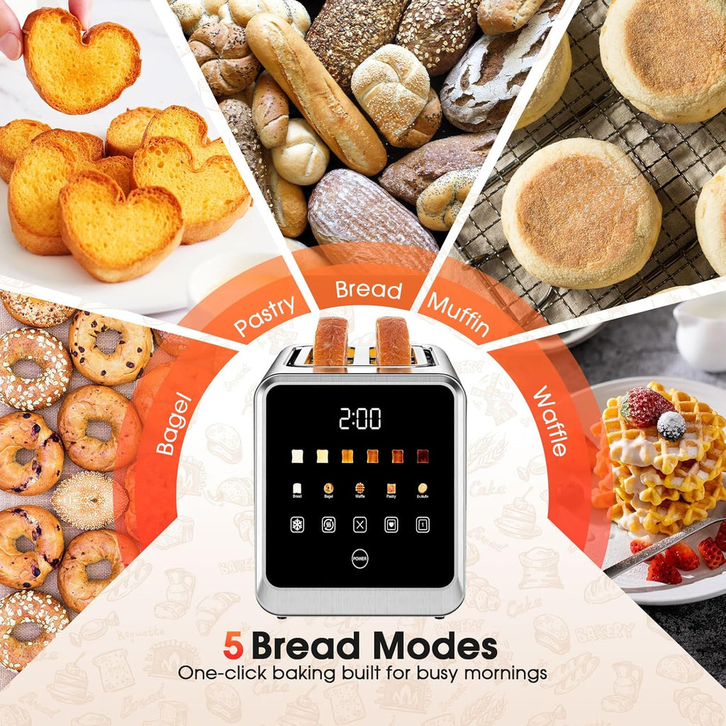 Skiennix 2-Slice Toaster - Smart Digital Touchscreen, 1.5" Extra-Wide Slots, 6 Browning Settings, 900W