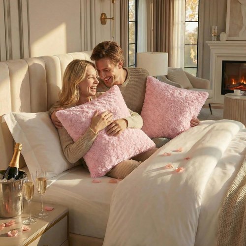 FUTEI Pink Decorative Throw Pillow Covers 18x18 Inch Set of 2,Soft Solid Rose Swirl Textured Cushion Case,Valentine's Day Decor for Couch Living Room