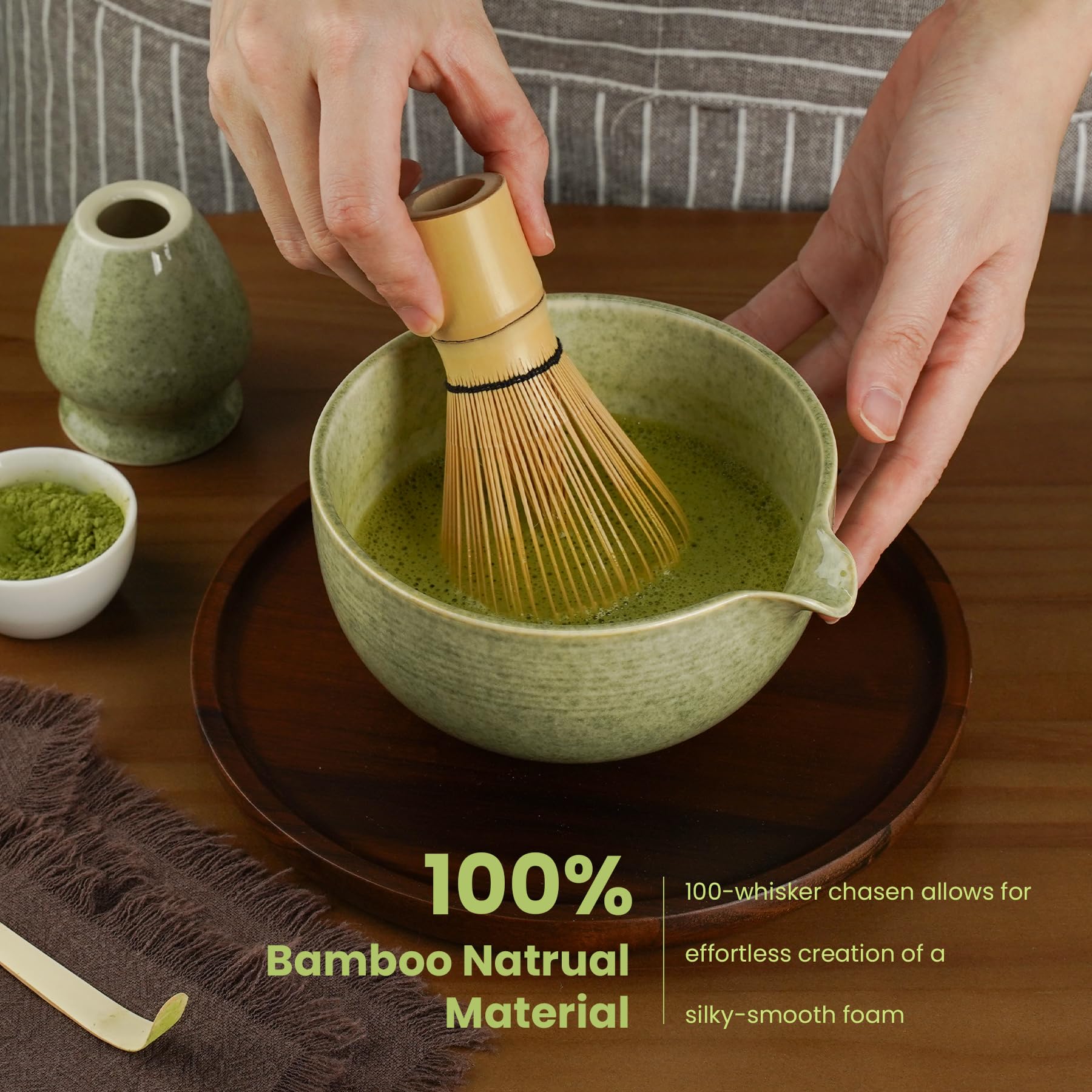 Matcha Whisk Set, Ceramic Bowl Matcha Kit & Handcrafted Bamboo Chasen, Complete 5 Pcs Matcha Set Whisk and Bowl, Stainless Steel Sifter, Bamboo Scoop & Holder for Matcha Lovers