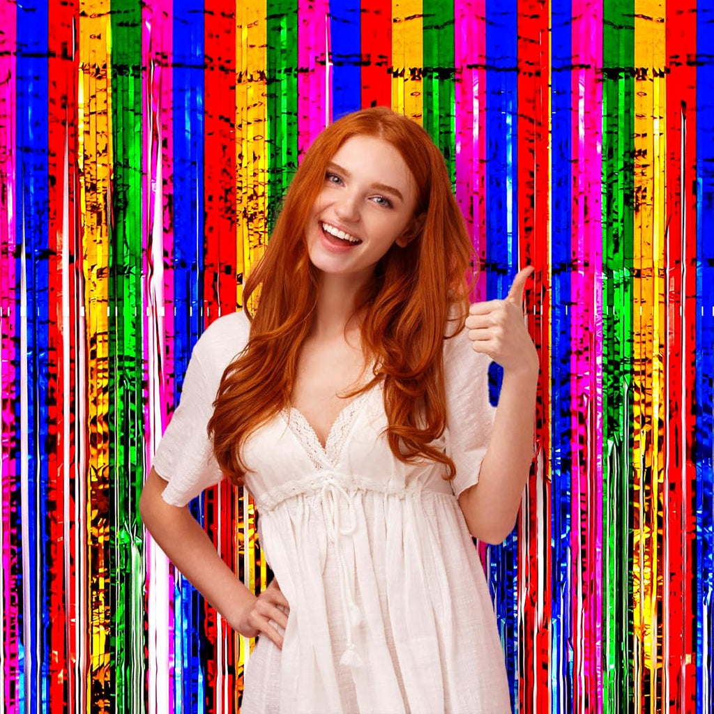 Voircoloria Rainbow Foil Fringe Backdrop Curtains - 3 Pack Tinsel Streamers for Parties & Events | 3.3x8.2 Feet
