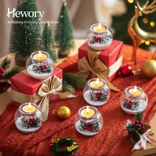 Hewory Tealight Candle Holders - Set of 6 Glass Holders with Red Berry & Pinecone | Festive Christmas Table Decor
