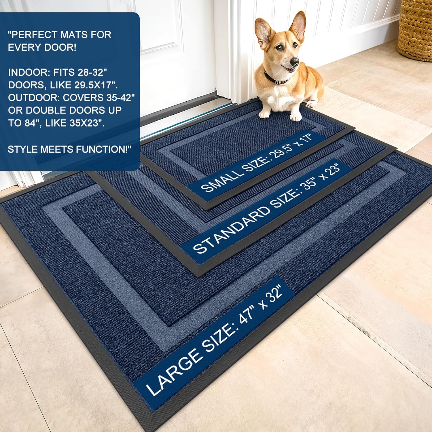 OLANLY Indoor Outdoor Front Door Mat - Waterproof All-Season Doormat, Easy Clean, 23.5x15.5, Blue