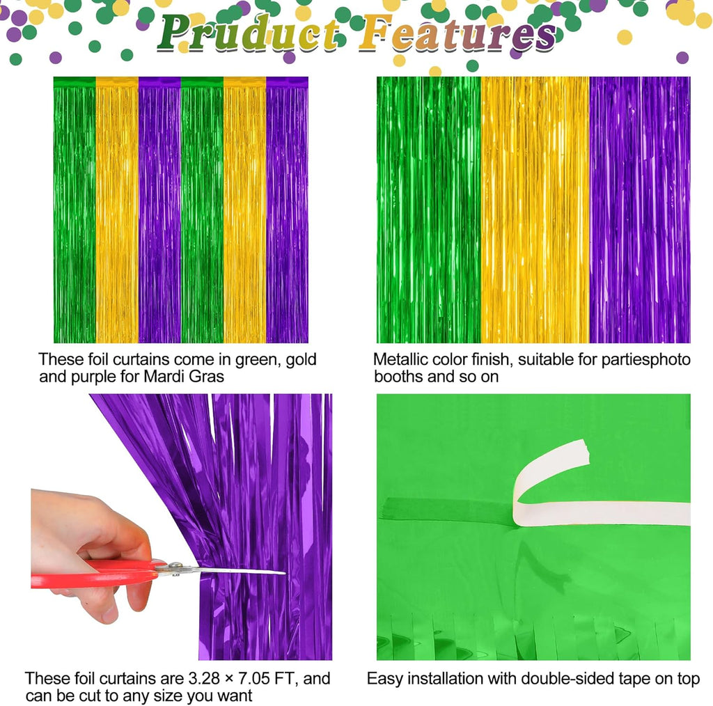 Skiennix Mardi Gras Tinsel Backdrop - 2 Pack Metallic Fringe Curtain | 3.28 FT x 7.05 FT, Purple Gold Green