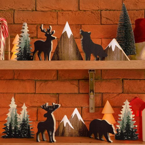 DoubleFill Wooden Forest Animals Decor - 10 Pcs Rustic Bear & Pine Tree Signs for Cabin & Home Office