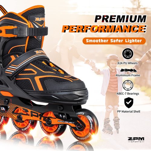2PM SPORTS Torinx Green Boys Adjustable Inline Skates, Fun Beginner Roller Skates for Kids, Youth, Girls, Men and Women (Orange, Medium - Big Kid (1-4 US))