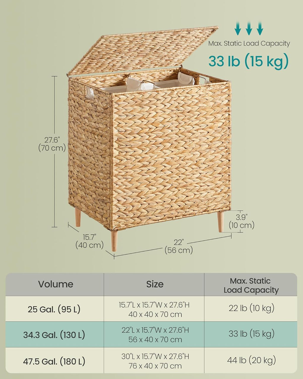 SONGMICS Laundry Hamper - 34.3 Gal Handwoven Water Hyacinth Wicker Basket with Lid & Washable Liners