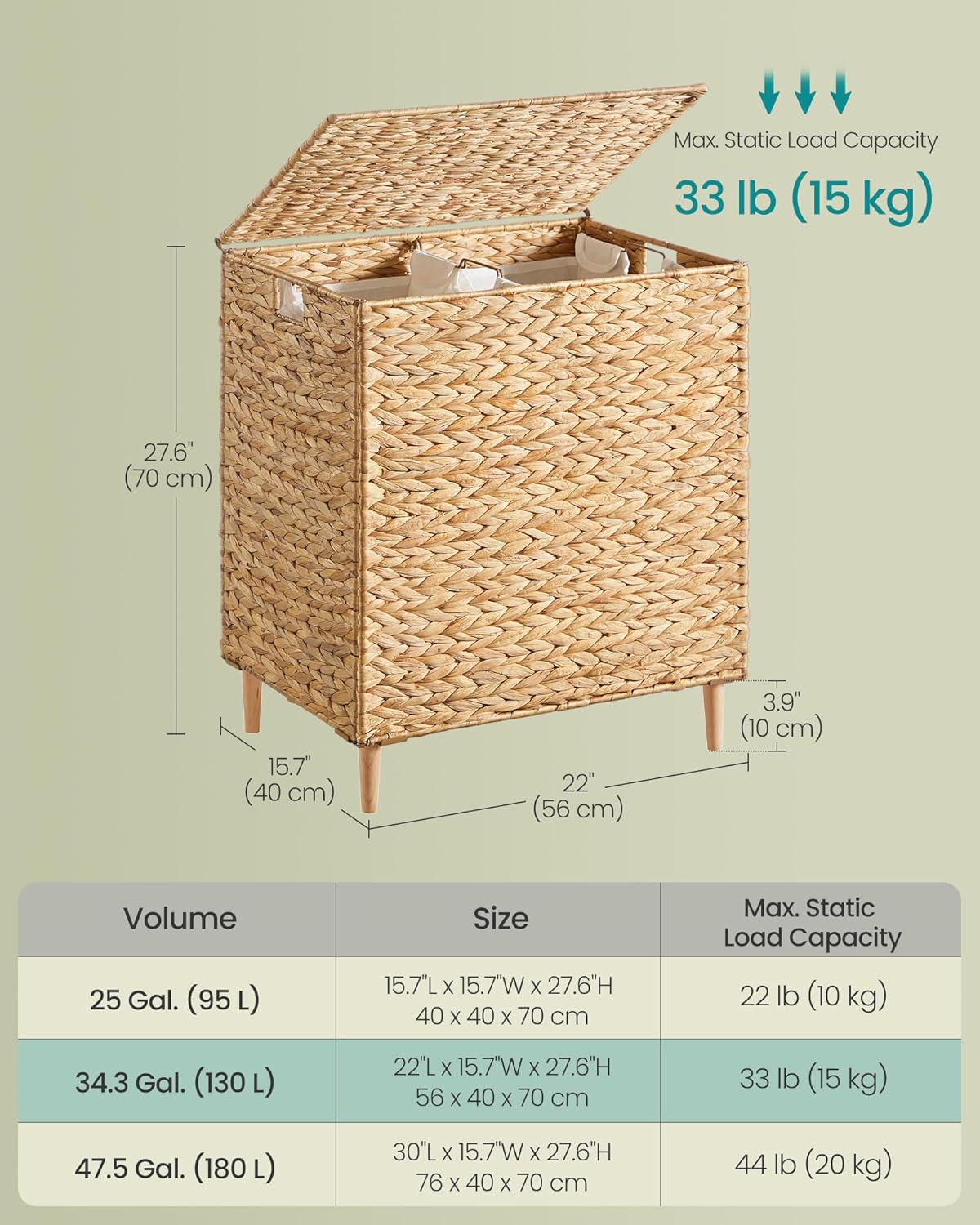 SONGMICS Laundry Hamper - 34.3 Gal Handwoven Water Hyacinth Wicker Basket with Lid & Washable Liners