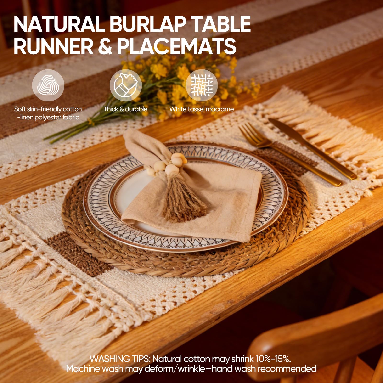 Swiscena 32 Pcs Boho Placemats Table Setting Set (6 Sets),Hand-Woven Natural Water Hyacinth Mats,Cloth Napkins,Napkin Rings,Linen Runner,Storage Basket&Coasters,Boho Kitchen Decor Dining Table Decor