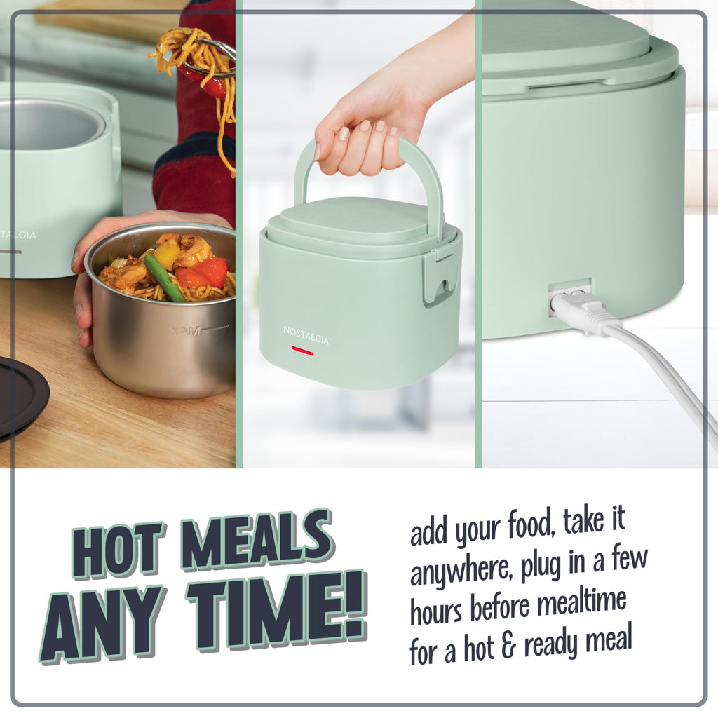 Nostalgia Portable Heated Lunch Box – 2.5-Cup Stainless Steel Food Warmer – Detachable Cord, Leak-Proof Lid, Carry Handle – Portable for Work & Travel – Sage