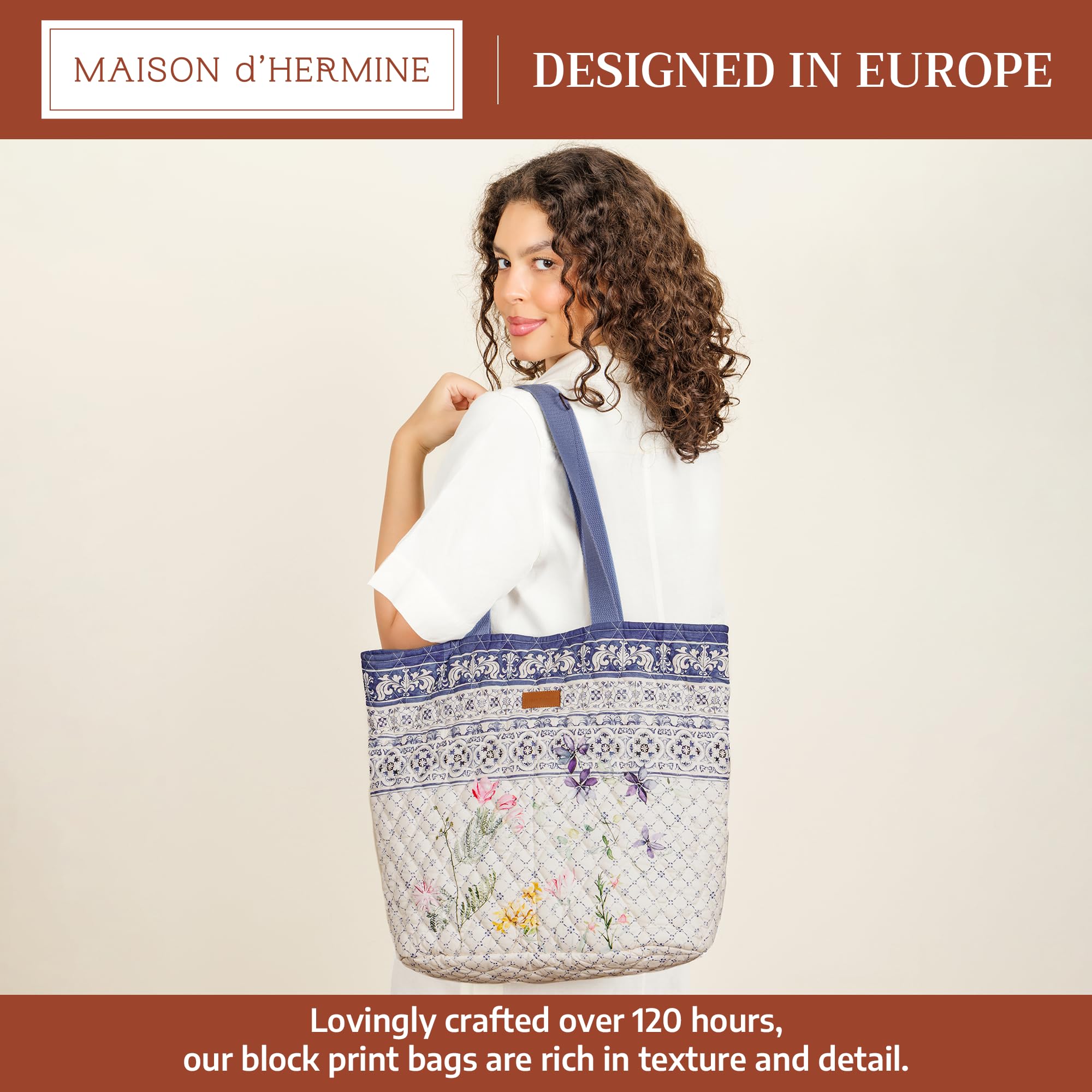 Maison d' Hermine Shopping Bags Cotton Quilted Tote Bag with Zipper Pockets & Small Pouch Reusable Shoulder Grocery Bag for Gifts Beach Travel Perfect for Mothers Day Gifts Men Women (Faience)