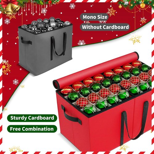 EverMerry Christmas Ornament Storage Box - Large Sturdy Container with Adjustable Dividers & 8 Trays (Red)
