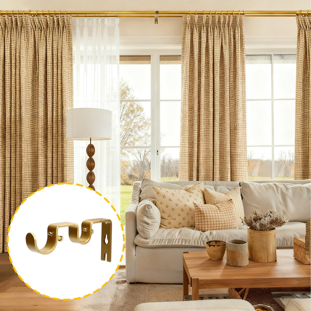Shonmogar Double Curtain Rod Bracket 6 Pack Metal Curtain Rod Holders for Wall Sturdy Curtain Bracket for 1 Inch Curtain Rod Gold Wall Mounted Curtain Rod Hooks for Bedroom Living Room Patio