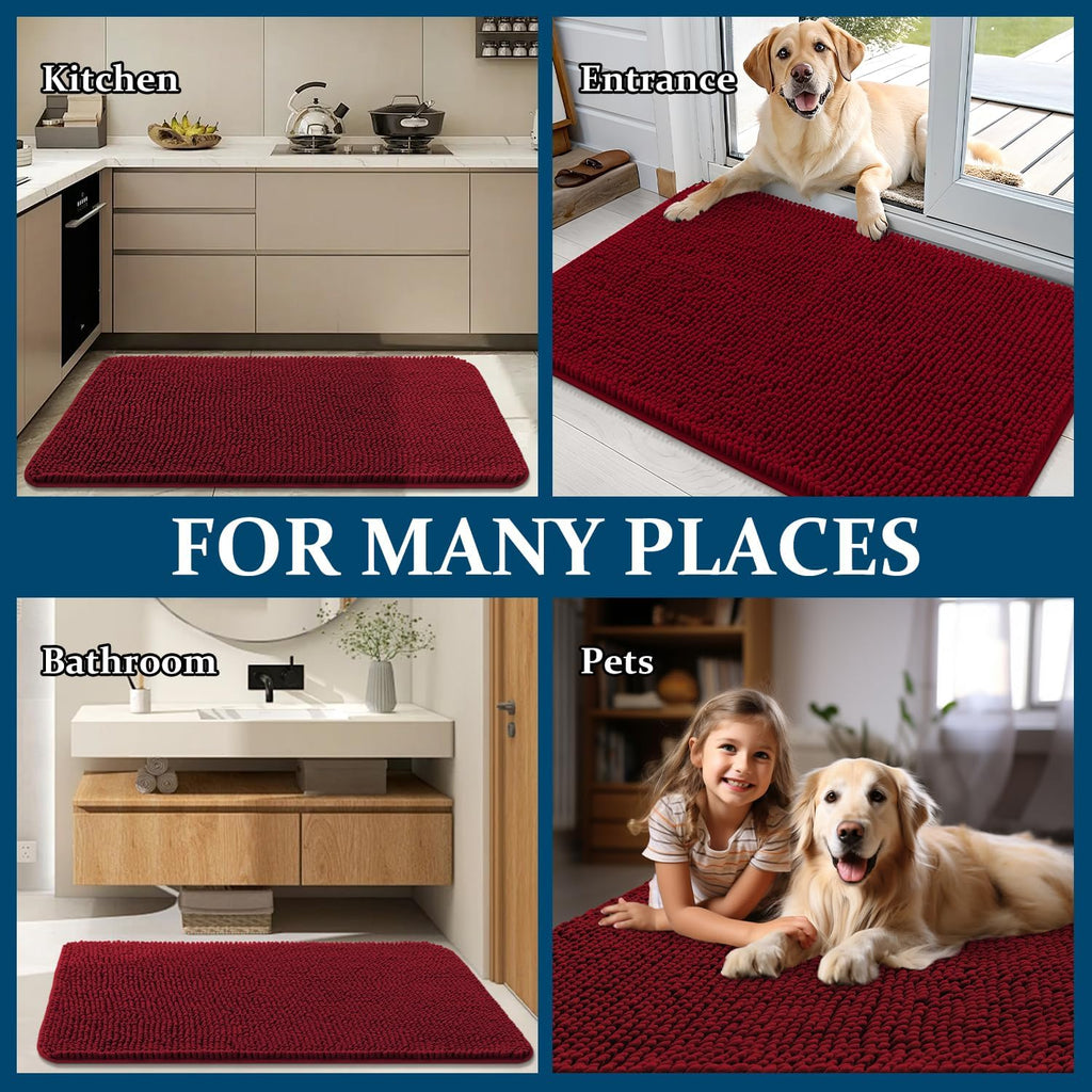 OLANLY Dog Door Mat - Absorbent Non-Slip Washable Chenille Mat for Muddy Paws | 70x46 Red
