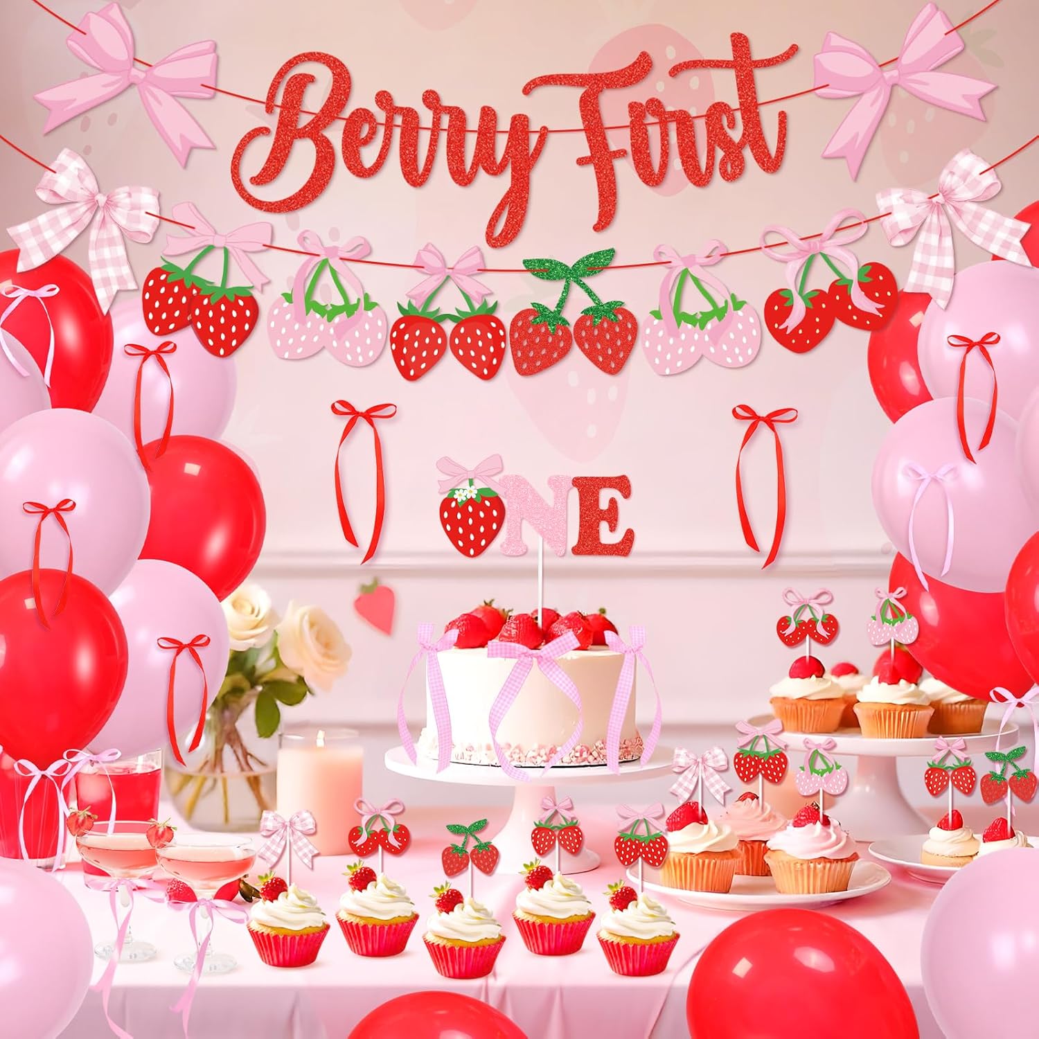 Skiennix Pink Bow Strawberry First Birthday Party Decor - Glitter Berry Banner & Cake Topper Set