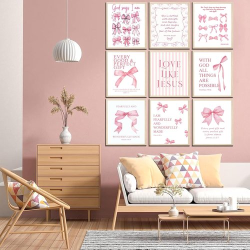 Coquette Pink Bow Wall Art - Inspirational Bible Verses Canvas Prints | 12x16in Unframed Decor for Teen Girls
