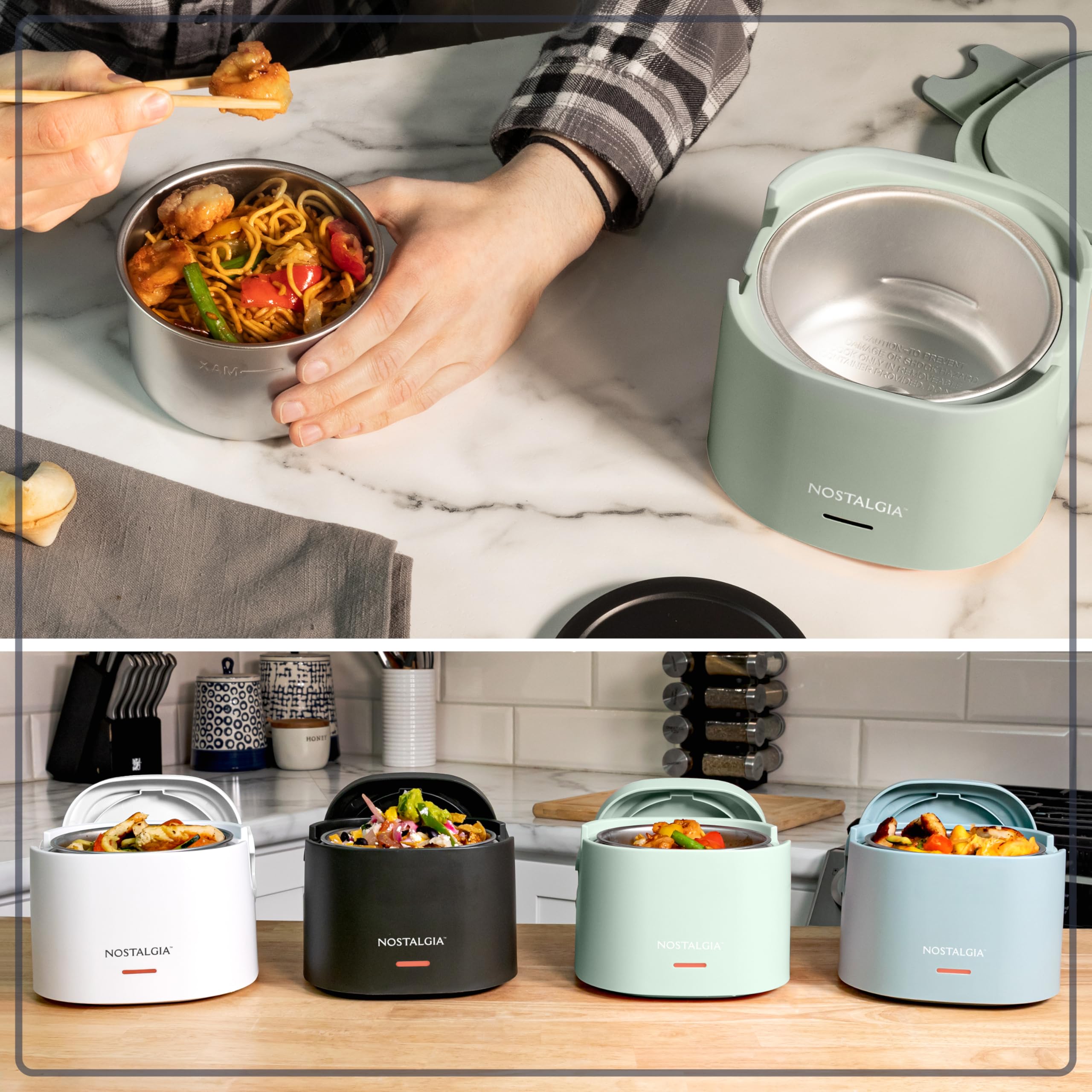 Nostalgia Portable Heated Lunch Box – 2.5-Cup Stainless Steel Food Warmer – Detachable Cord, Leak-Proof Lid, Carry Handle – Portable for Work & Travel – Sage