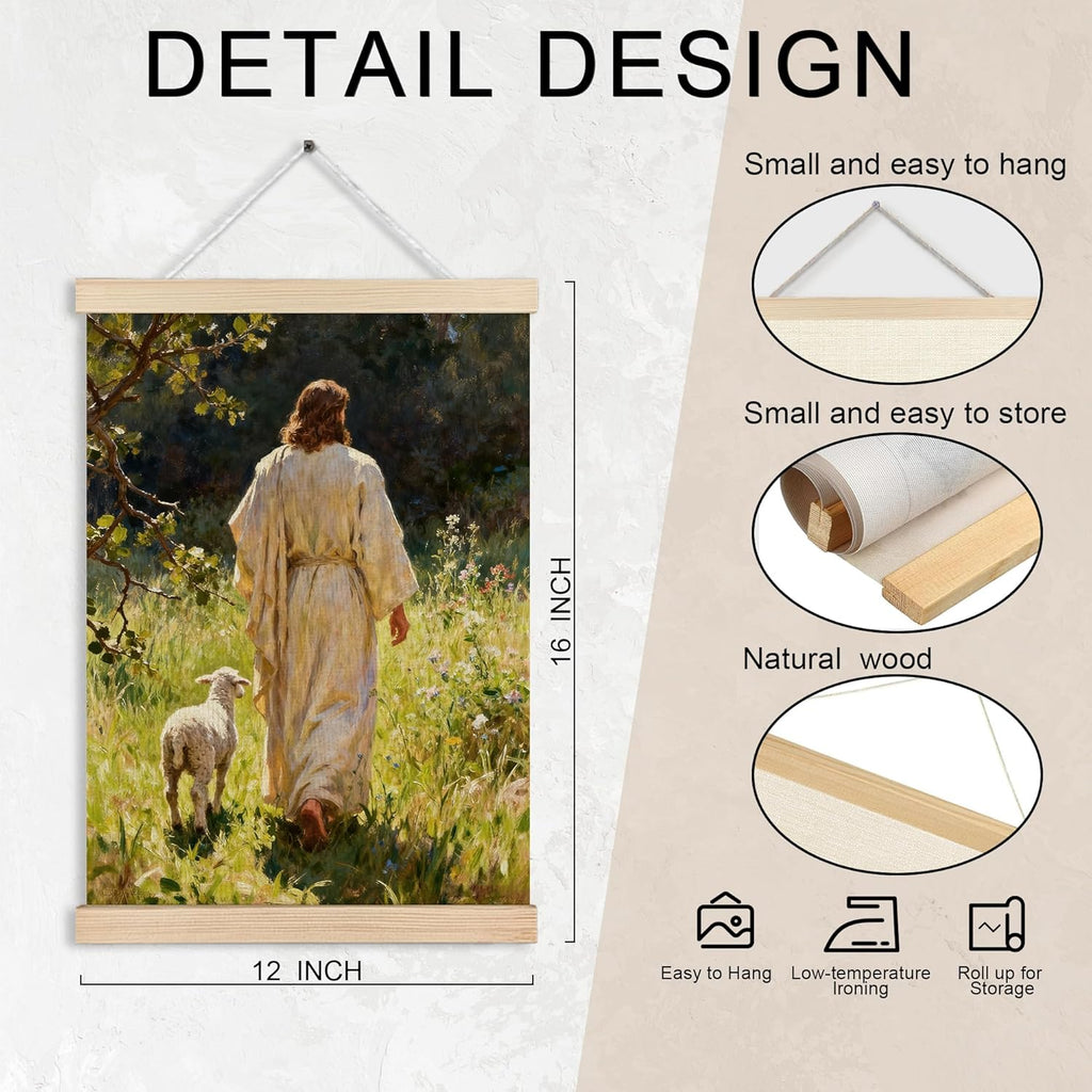 MKIJUHB Jesus Wall Art - Framed Canvas Print of Jesus and Lamb for Home or Church | 12x16 Inch
