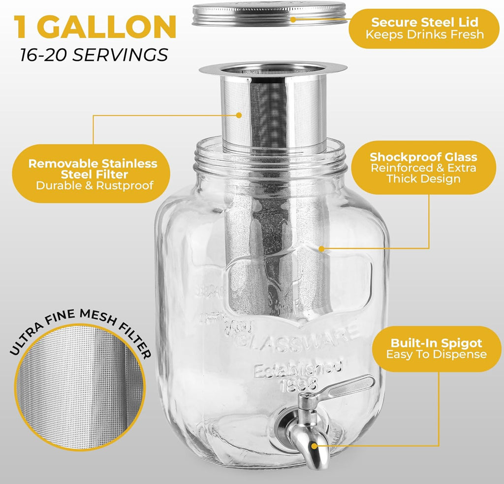 Zulay 1 Gallon Glass Drink Dispenser - Leak-Resistant with Spout Lid & Stainless Steel Filter | Perfect for Parties & Events