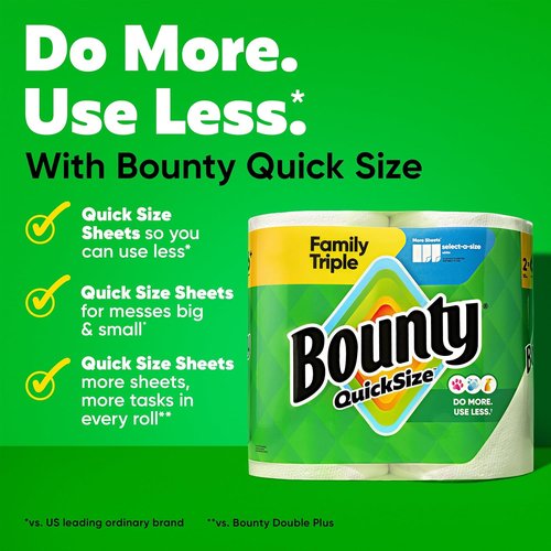 Bounty Quick-Size Paper Towels - Ultra-Absorbent White Rolls | 12 Family Triple = 40 Regular Rolls