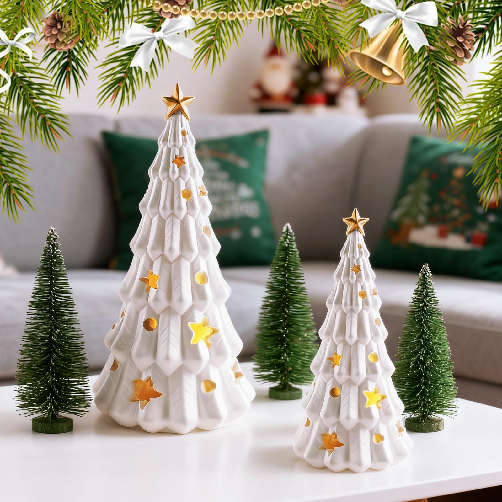 Wowagoga 2 Pcs White Christmas Tree Figurines, Small Xmas Tree with Glossy Finish Table Centerpiece Decor Stars and Dots Cutouts for Home Decoration