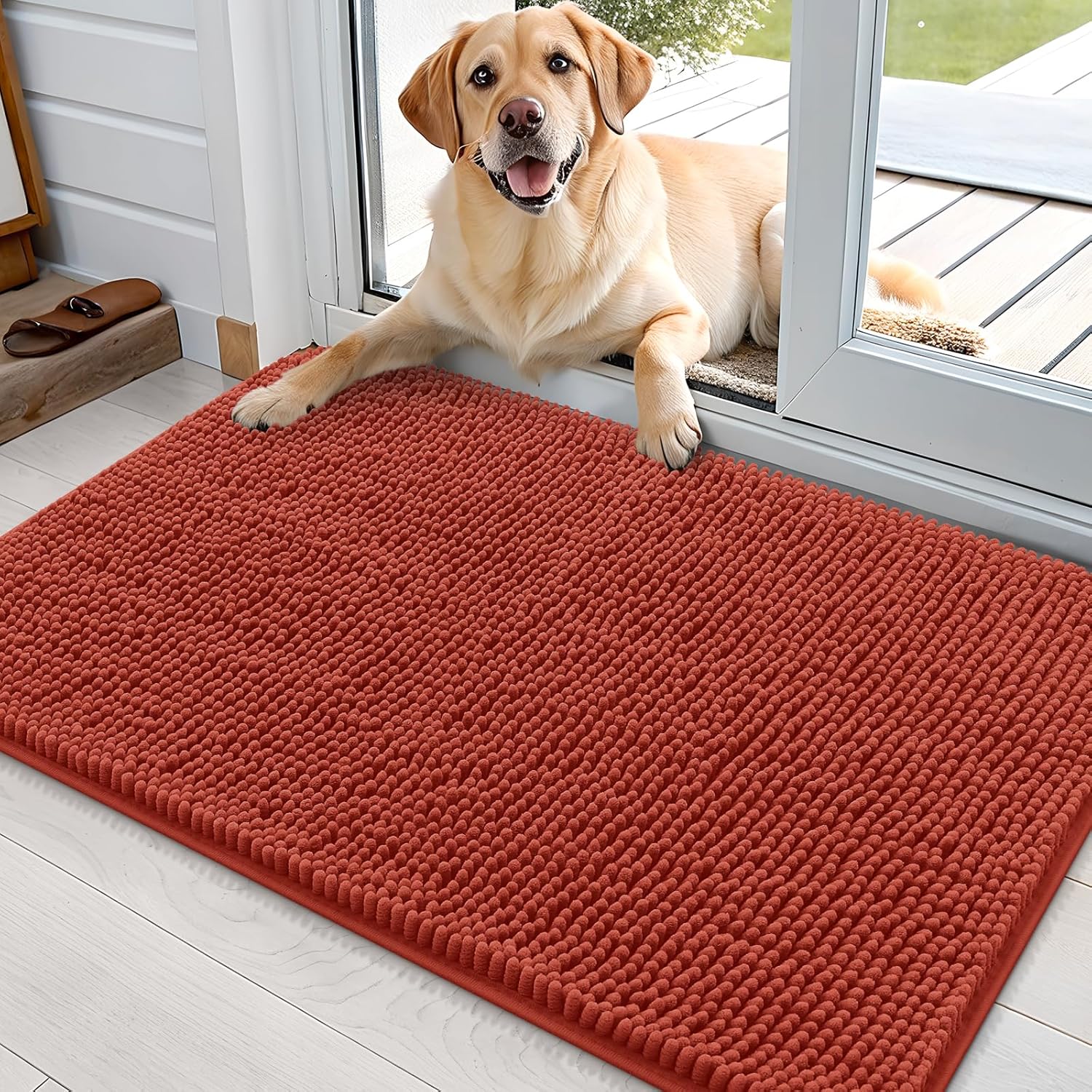 OLANLY Dog Door Mat - Absorbent Non-Slip Mud Mat for Dogs | Quick Dry Chenille, 35x24, Maple Red