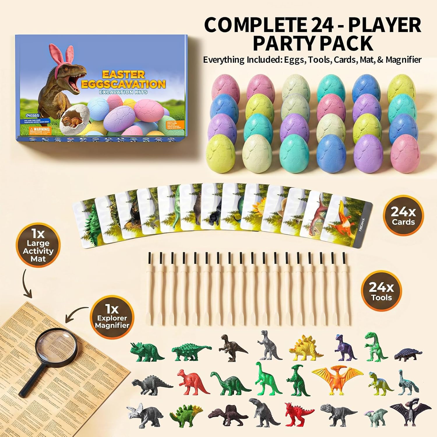 Skiennix Dinosaur Eggs Excavation Kit - 24 Colorful STEM Science Toys with Learning Cards for Kids Age 3+ | Perfect for Easter Baskets and Birthday Parties