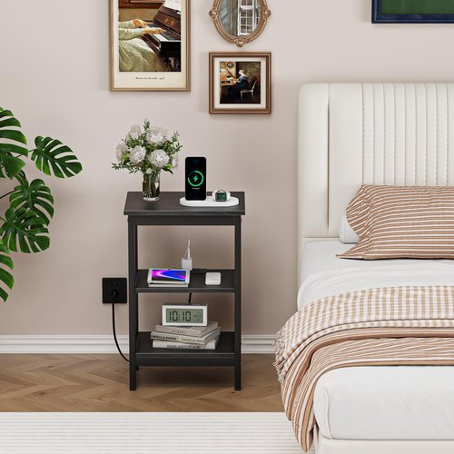 VECELO End Table with Charging Station and USB Ports, Small Wood Nightstand Modern Style, 24" Tall Living Room Side Table with 3-Tier Storage Shelves for Small Spaces, Office, Bedroom, Classic Black
