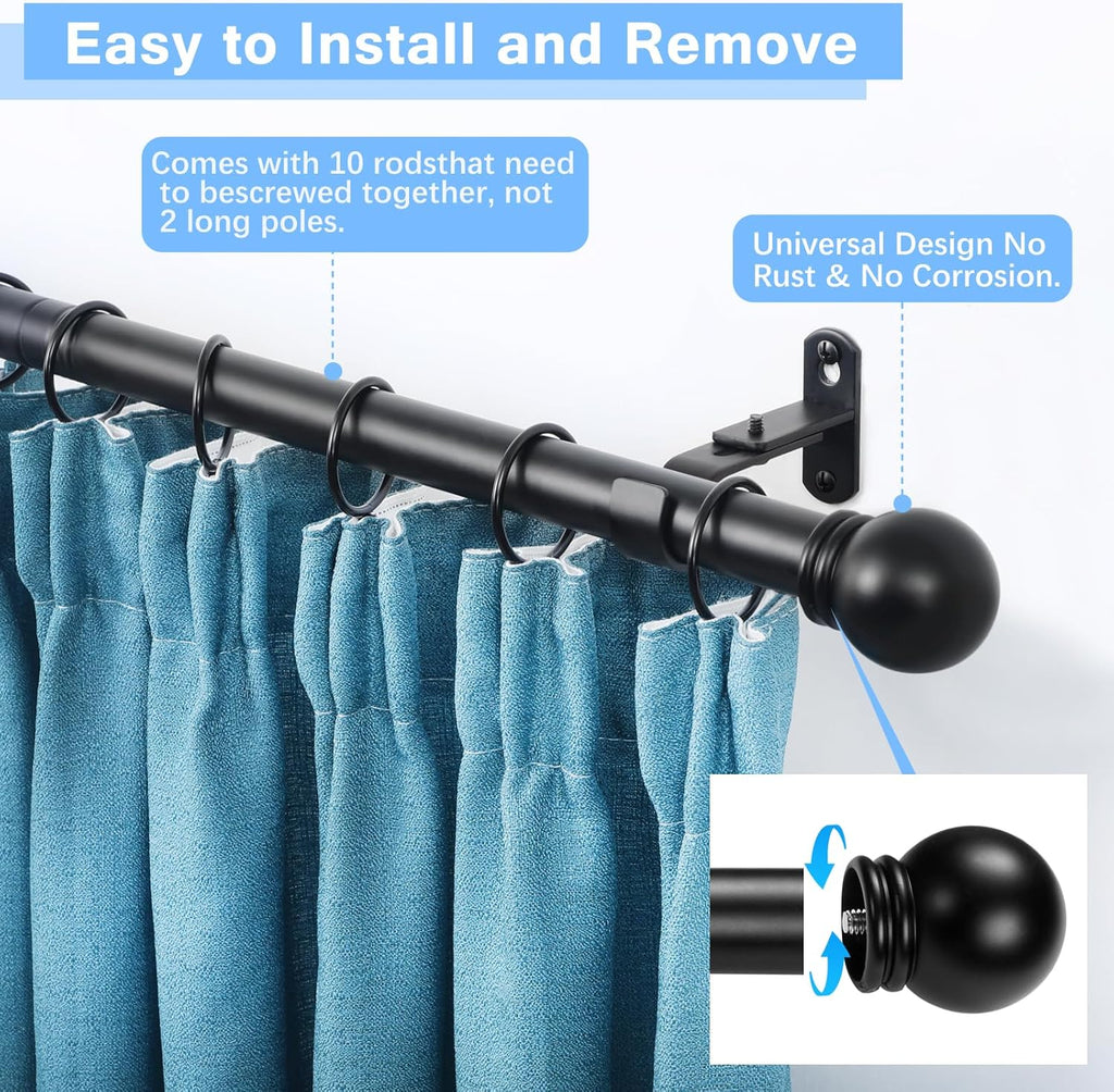 Max Adjustable Curtain Rods by [Brand Name] - Fits Windows 16 to 150 Inches | Black, 6/8" Diameter