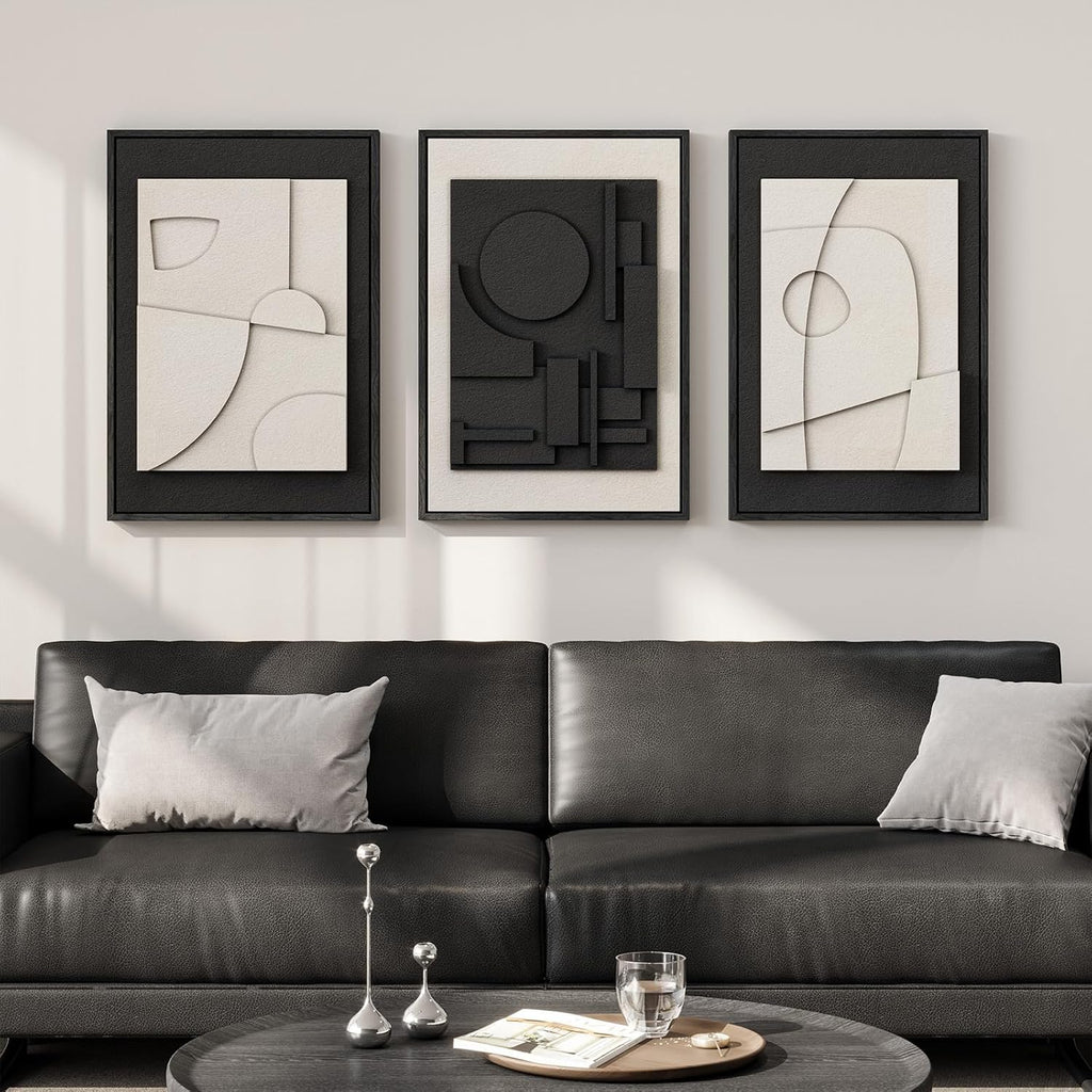 Skiennix 3D Textured Black & White Abstract Wall Art - Modern Minimalist Paintings | 16x24 In, 3 Piece Set