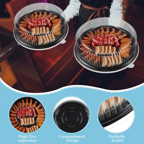 Romooa 24 Pack Round Serving Trays with Lid 16 Inch Trays for Serving Food,Large Catering Tray Black Plastic Party Platters with Clear Lids for Party Appetizers Veggie Sandwich Takeout Picnic