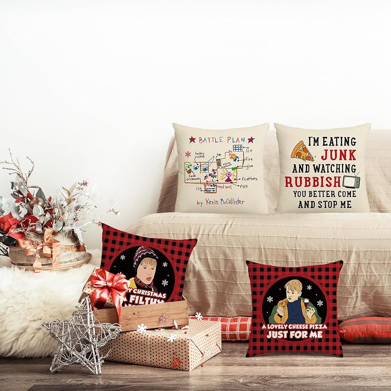 Home Alone Christmas Pillow Covers 4 Pack 18x18 Linen Throw Pillow Covers – Funny Farmhouse Decor