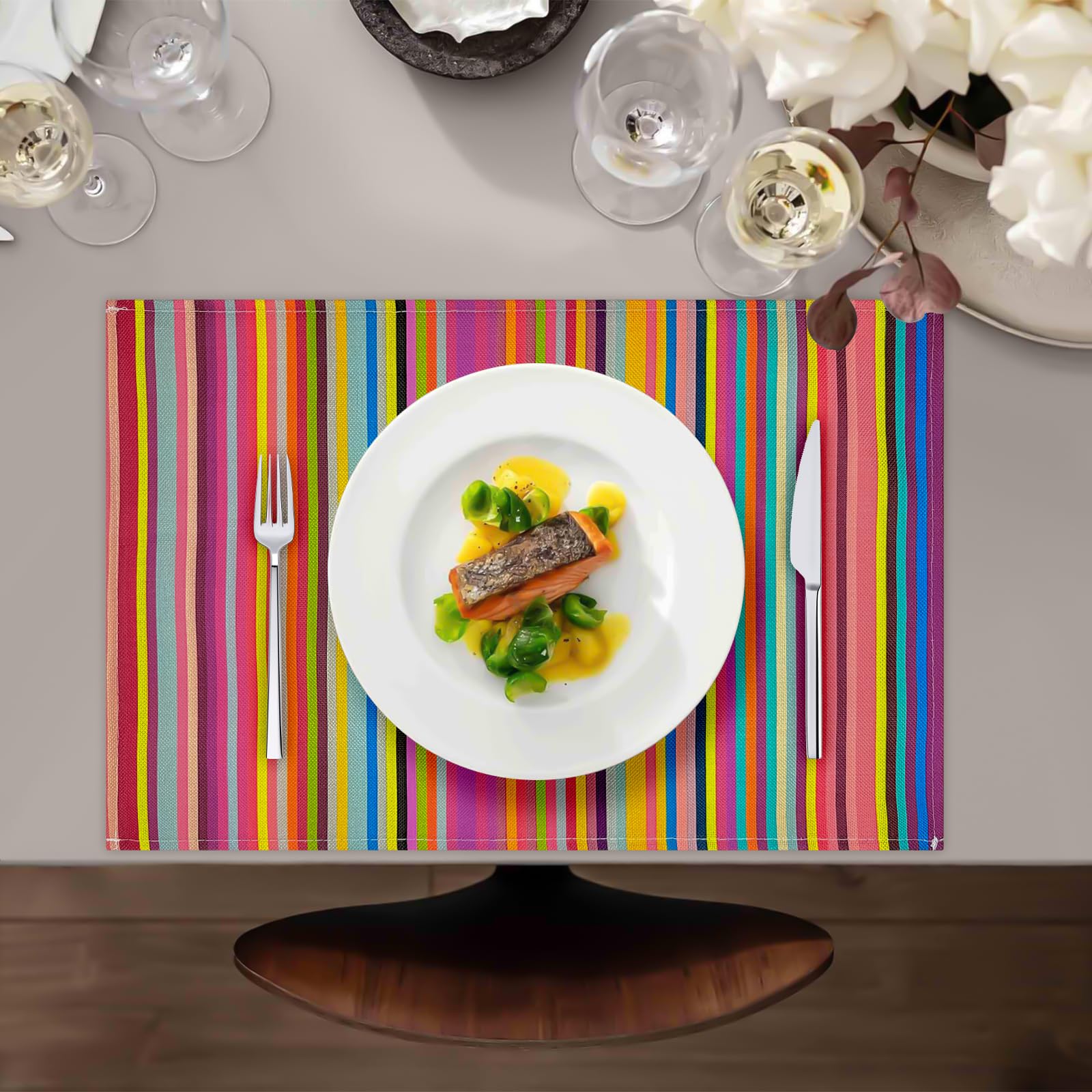 Carethos Rainbow Placemats Set of 4, 12x18 Inch Heat-Resistant Washable Easy to Clean Place Mats, Faux Linen Cloth Table Mats Suitable for Indoor/Outdoor Parties & Kitchen Decor (Rainbow)
