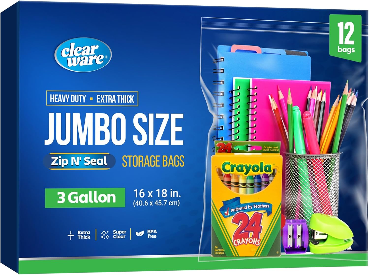 Storage Solutions | 12 Large Zipper Top Bags - 3 Gallon, 16" x 18", BPA-Free, Durable for Clothes & Travel