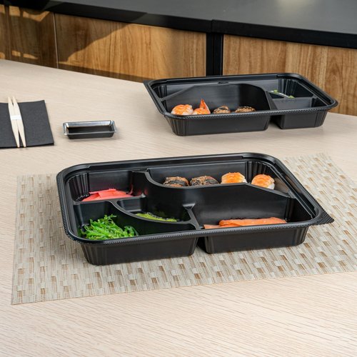 Restaurantware-Bento Tek 26.2 Ounce Meal Prep Containers, 50 Disposable To Go Food Boxes - Lids Sold Separately, 5 Compartments, Black Plastic Bento Lunch Boxes, Microwavable, Freezable