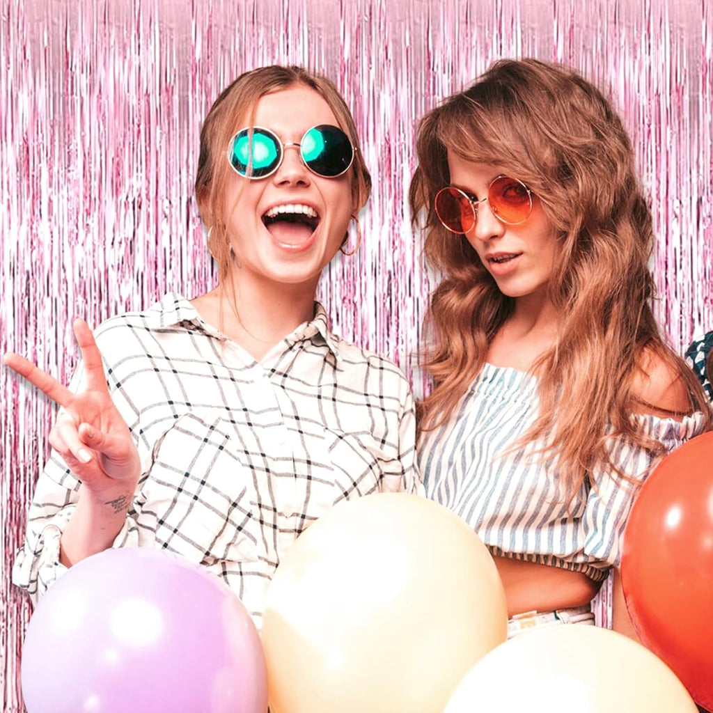 Pink Foil Fringe Curtain Backdrop by [Brand Name] - 3 Pack Metallic Tinsel Streamers | 3.28Ft x 8.2Ft for Parties & Events