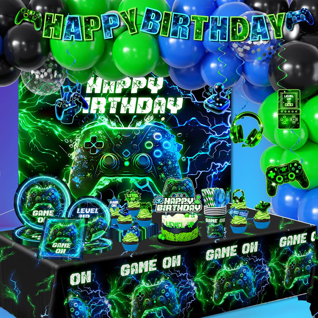 Video Game Birthday Decorations,260pcs Gaming Party Decorations Gamer Birthday Party Decorations Plates and Napkins Cups Tablecloth, Game Party Decorations for Boys Cake Topper Hanging Swirls