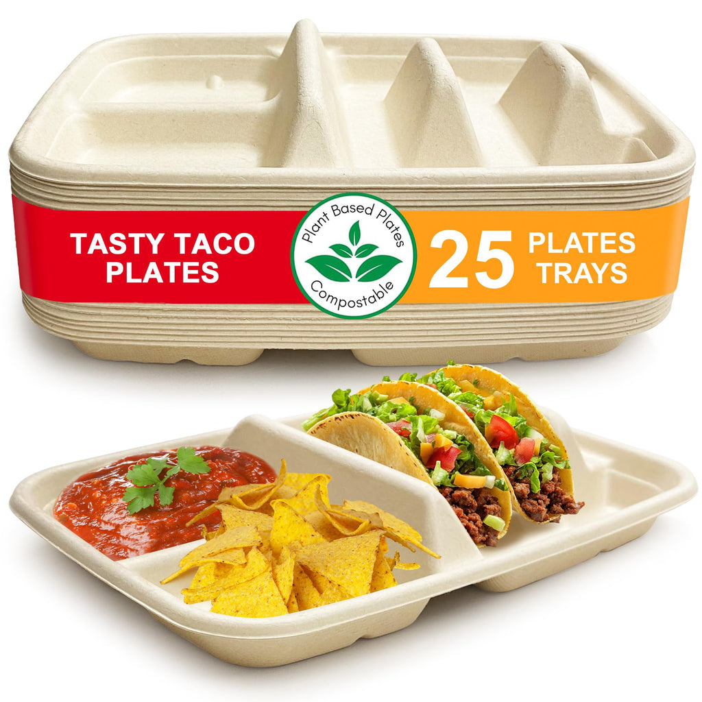 Disposable Taco Plates for 2 Tacos & 2 Sides – 25 PACK | Premium Paper Plates with Dividers, Fiesta Taco Holder, Taco Stand for Taco Tuesday & Taco Bar Serving Set Taco Plates (25 Plates) (Beige)