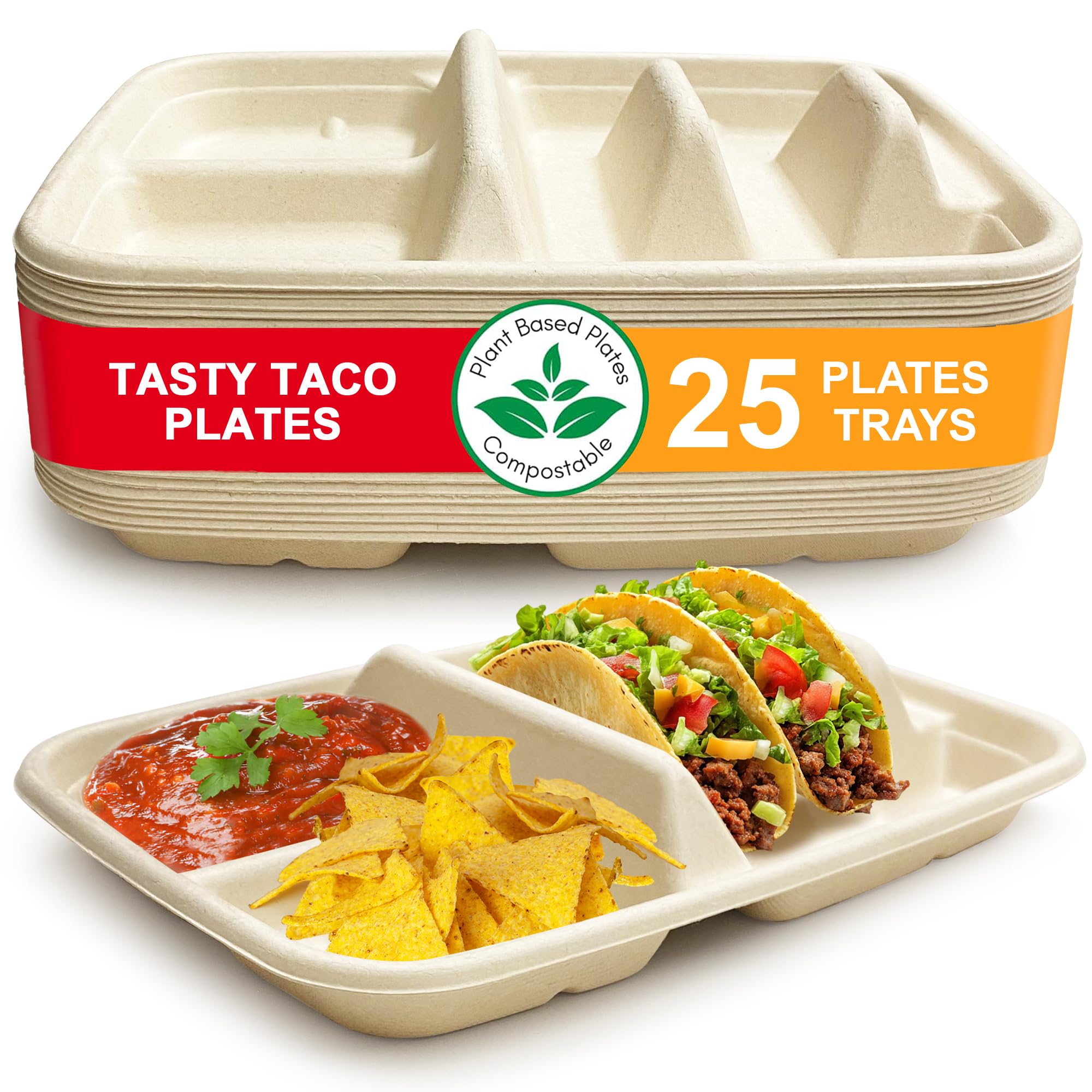Disposable Taco Plates for 2 Tacos & 2 Sides – 25 PACK | Premium Paper Plates with Dividers, Fiesta Taco Holder, Taco Stand for Taco Tuesday & Taco Bar Serving Set Taco Plates (25 Plates) (Beige)