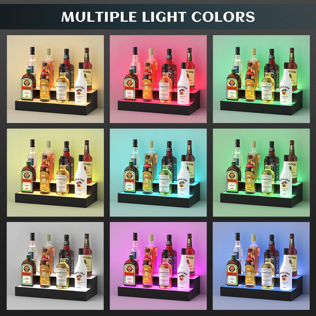 upcessory LED Lighted Liquor Bottle Display Shelf, 2 Tier 32 Inch Alcohol Whiskey Wood Rack Stand Tray for Home Bar Living Room Accessories and Decor, Bourbon Shelf for 16 Bottles