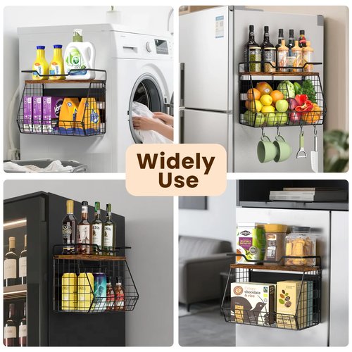 jijoe Magnetic Shelf for Fridge with Wood Lid & 4 Hooks, Fruit Potato & Onion Storage Bins, Pantry Organizer & Storage, Large Container Magnetic Spice Rack for Refrigerator, Kitchen Counter & Cabinet
