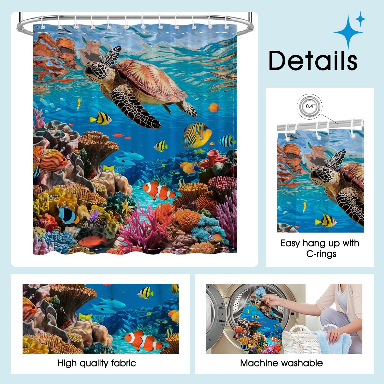 Mocsicka Ocean Shower Curtain Sea Turtle Underwater World Bathroom Decor for Kids Under The Sea Shower Curtain for Bathroom Fishes Coral Waterproof Bath Curtain with Hooks (71x71 Inch, Ocean)