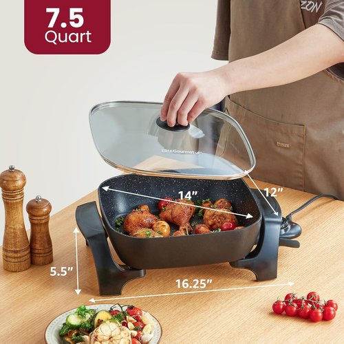 Elite Gourmet Extra Deep Non-Stick Electric Skillet - 12"x12"x3.2" (7.5Qt) with Glass Lid, Adjustable Temp, Black