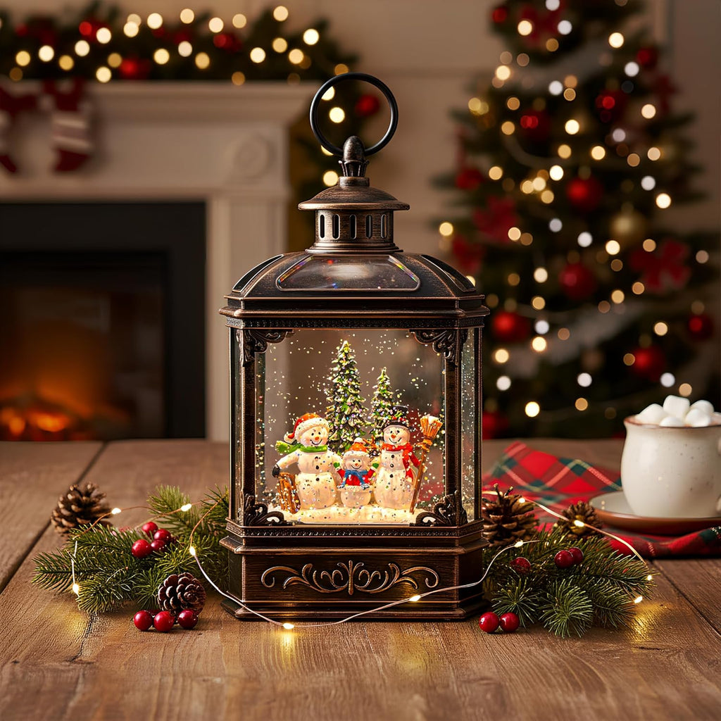 VISFLAIR Christmas Snow Globe - Lighted Snowman Family Musical Lantern with Swirling Glitter | Holiday Decor